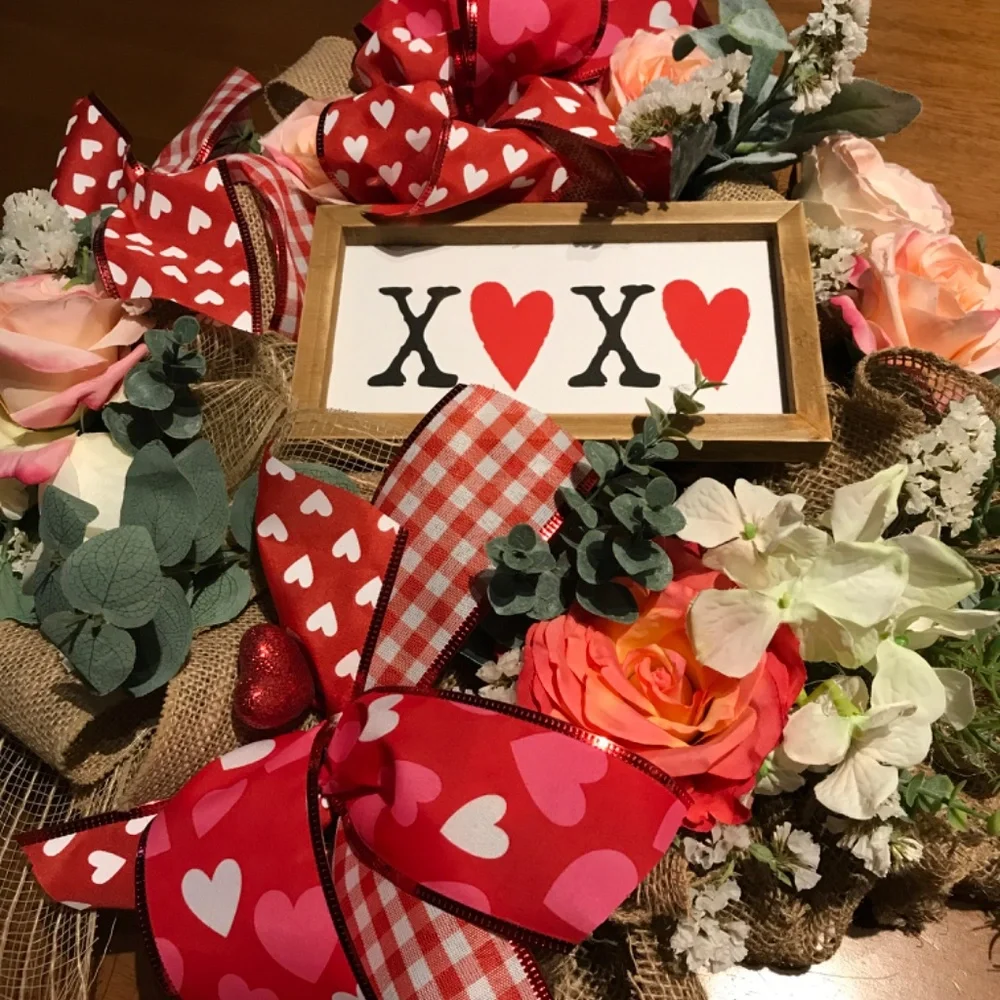 Valentines Wreath Hand Crafted LOVE Burlap Kisses Hugs FINAL SALE